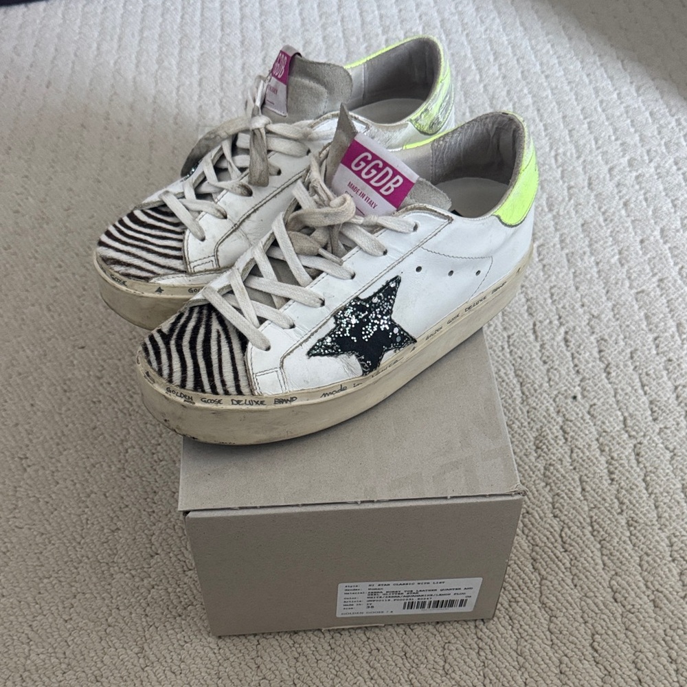Golden goose hi star zebra horsey toe leather quarter and heel glitter star